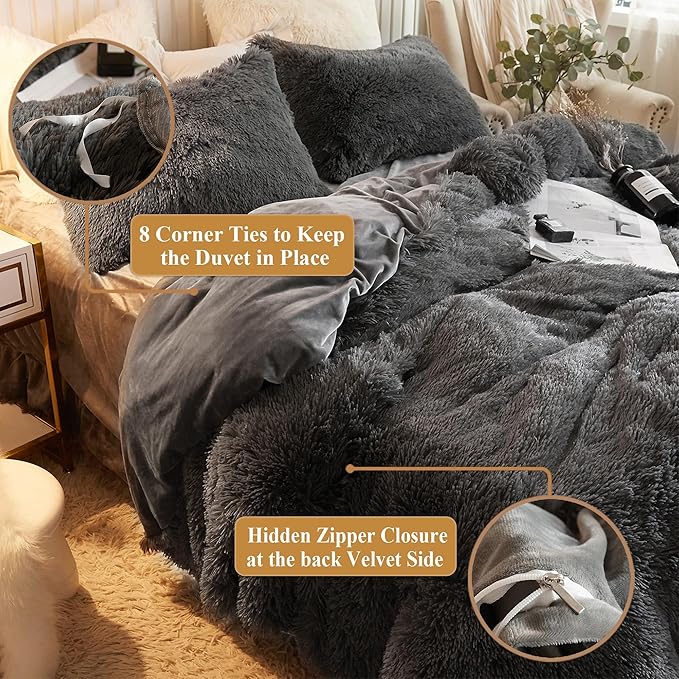 XeGe Plush Shaggy Duvet Cover Set, Luxury Ultra Soft Crystal Velvet Fluffy Bedding Set 2 Pieces(1 Faux Fur Furry Comforter Cover + 1 Fuzzy Faux Fur Pillowcase), Zipper Closure(Twin, Dark Gray)