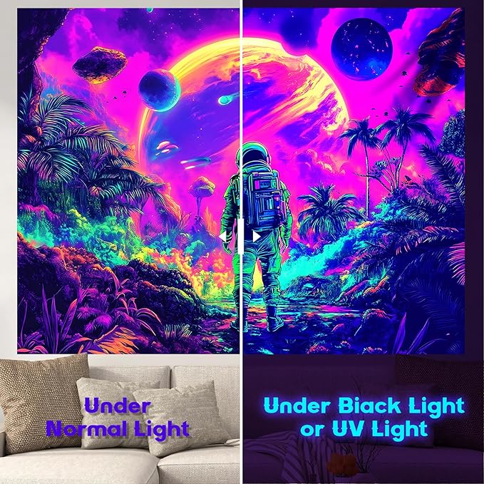 Tapestry Blacklight Space Astronaut MushroomTapestries Fantasy Forest Trippy Starry Sky Tapestry Cool Wall Hanging Neon Nature Plant Wall Hanging Decor for Bedroom 79X59 in