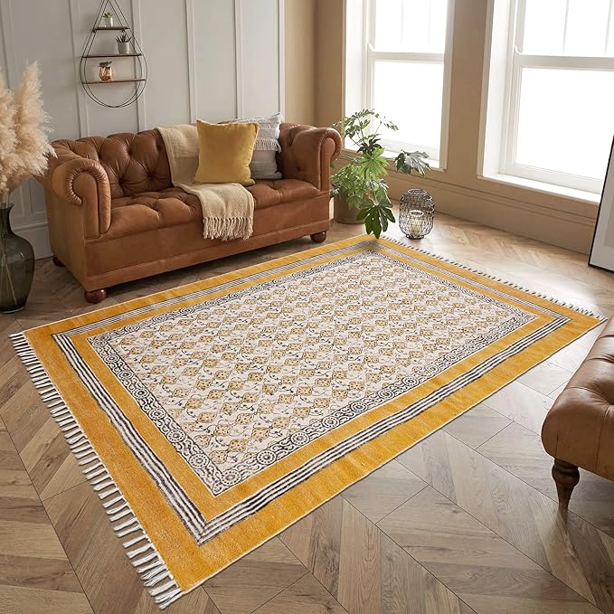 Area Rug 10x16 Kilim Rug Yellow & Beige Cotton Dhurrie Oriental Thick 0.19 inches Stone Easy Washable Rug Hand Wash Cotton Carpet Flatweave Rug Indoor Outdoor Rugs for Living Room, Bedroom