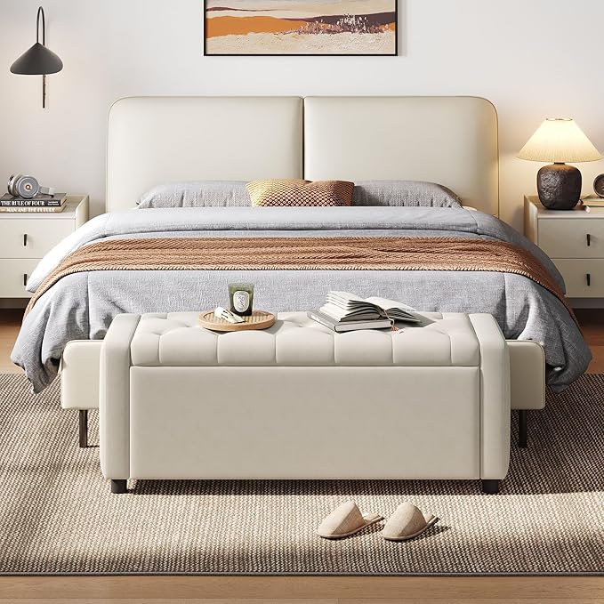 LINSY 50 Inches Wide Storage Ottoman Bench, Upholstered Foot Rest Stool, Long Bench Footstool, Couch Ottoman, Ottomans for Living Room, Entryway, End of Bed Storage Bench for Bedroom (Beige)