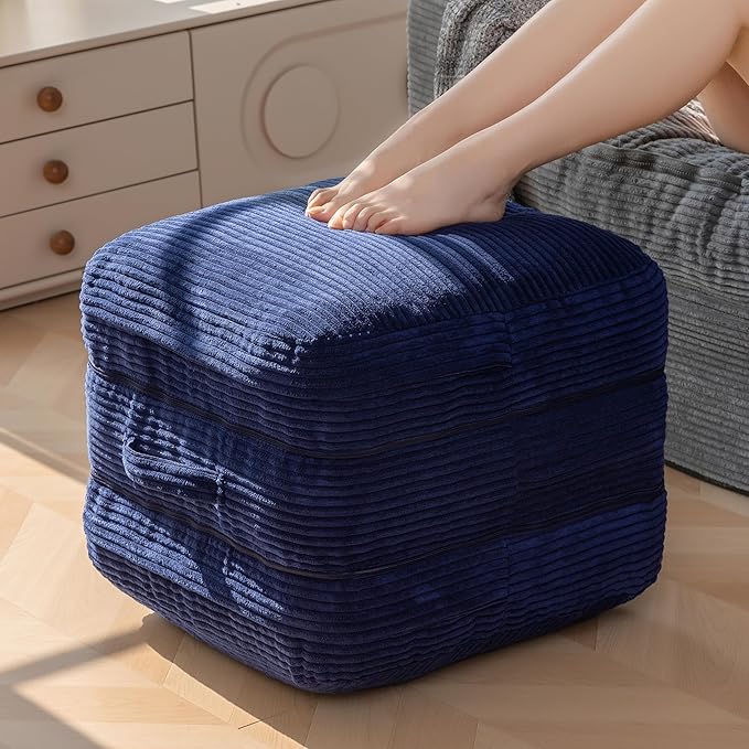 HIGOGOGO Pouf Ottoman Stuffed Square Modern Foam Filled Foot Rest Poufs 20 X 18 Inches Modular Ottomans Separated Into Floor Cushions for Living Room Chair Decorative Stool, Navy