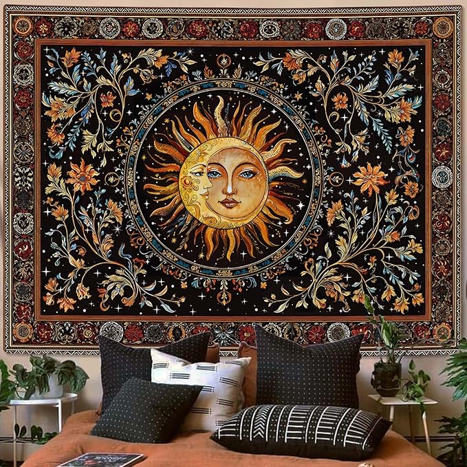 Accnicc Vintage Sun and Moon Tapestry Hippie Indie Boho Floral Wall Tapestry for Bedroom Aesthetic Stained Glass Celestial Plant Large Tapestries Wall Hanging for Living Room Dorm 80 x 60 Inch