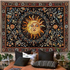 Accnicc Vintage Sun and Moon Tapestry Hippie Indie Boho Floral Wall Tapestry for Bedroom Aesthetic Stained Glass Celestial Plant Large Tapestries Wall Hanging for Living Room Dorm 80 x 60 Inch