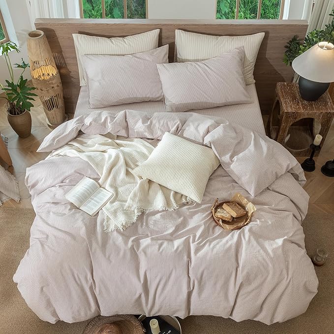 MooMee Striped Duvet Cover Set 100% Washed Cotton Linen Like Textured Breathable Durable Soft Comfy (Orange Pinstripes, Palatial King/Oversized King 120"x98")