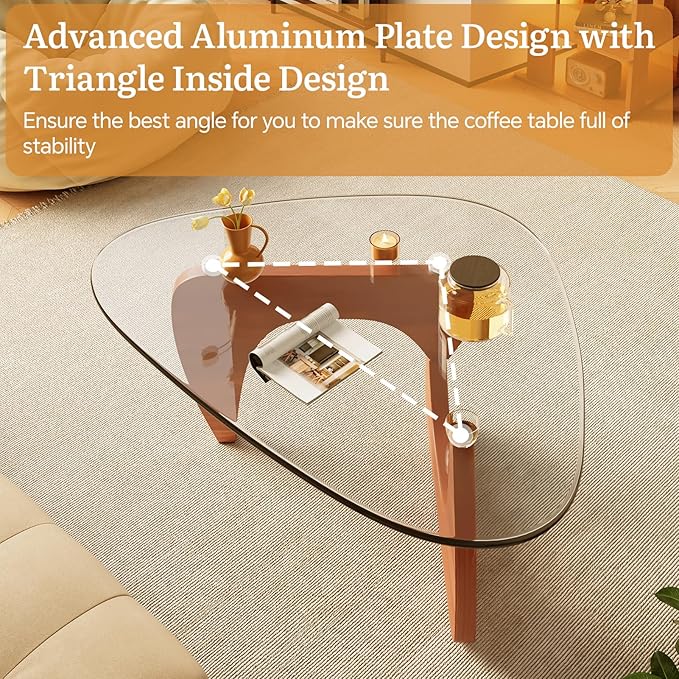 Coffee Tables Glass Small Farmhouse Coffee Table Mid-Century Modern Wood Center Table for Living Room, Walnut Transparent, 36 Inch