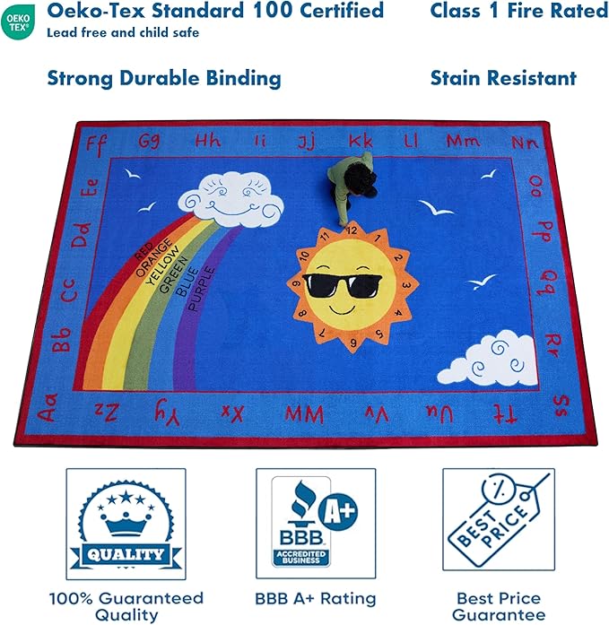 KIDCARPET.COM Shine Bright Learning Rainbow Rug 7'6" x 12' Rectangle for School or Classroom | Kids Learning Numbers, Colors & Alphabets | Playroom Area Rug