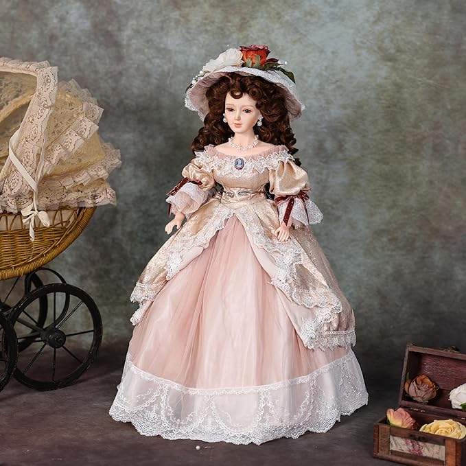 22 Inch 55cm Porcelain ＆ Fabric Victoria Doll, European Retro Handmade Ceramic Doll with Showing Stand for Room Decor, Birthday Gifts, Collectible，Name Lenore