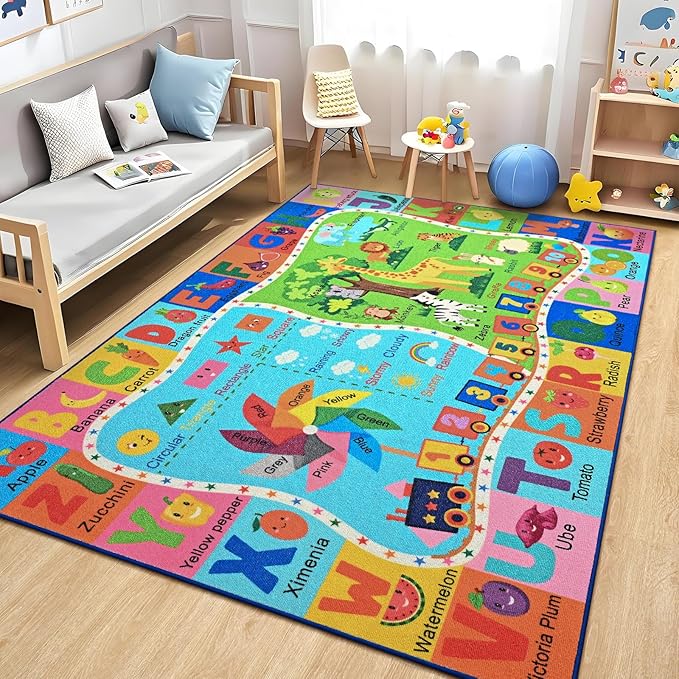Kids Rug for Playroom, 3x5 ABC Educational Carpet for Classroom, Fun Alphabet Area Rugs for Learn Numbers Colors Animal Weather and Shapes Playmat for Girls Boys Room Nursery Decor