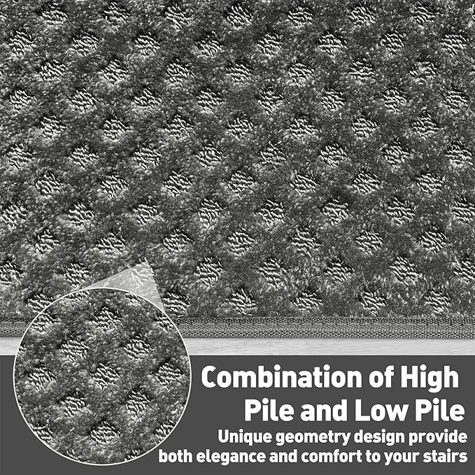 PURE ERA Carpet Stair Treads Tape Free Non Slip Indoor Stair Carpet Stair Protectors Pet-Friendly Non-Slip Skid Resistant Washable Reusable 8" x 30"(2 Pieces,Gray Mini-Diamond Trellis)