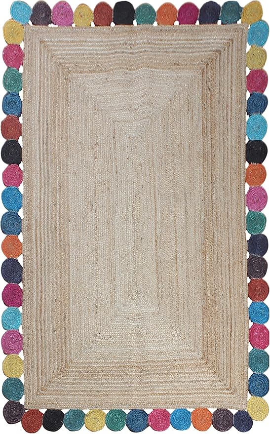 Scalloped Jute Rug, Hand Woven Runner Area Rug, 5x10 Ft Beige & Multicolor Braided Natural Sisal Kilim Rugs for Living Room, Kitchen, Entryway, Farmhouse