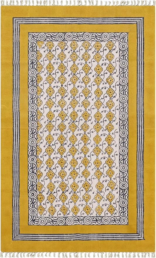 Kilim Area Rugs for 3x5 Feet Floral Design Yellow Beige Hand Block Printed Cotton Rug Handmade Boho Use Flatweave Dhurrie Indoor Outdoor Rugs for Bedside Kitchen Enterway for Home