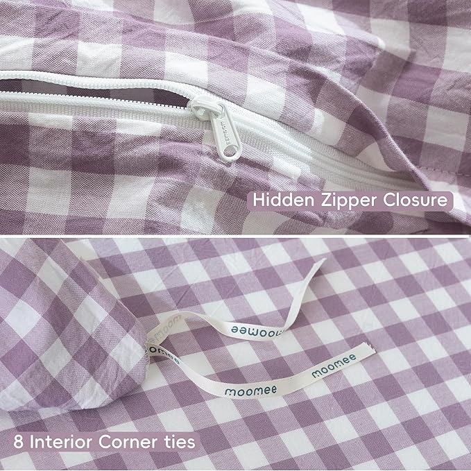 MooMee Gingham Duvet Cover Set 100% Washed Cotton Linen Like Textured Breathable Durable Soft Comfy Modern Checkered Design (Classic Gingham Light Purple, Cal King 104"x98")