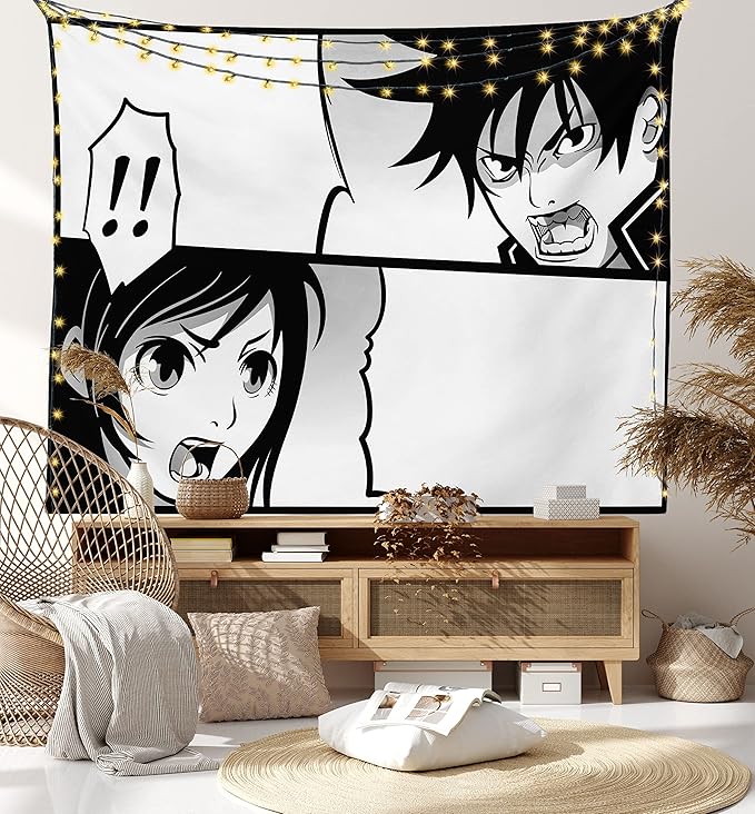 Ambesonne Anime Tapestry, Japanese Comics Strip Boy and Girl Fight Scene Manga Image Cartoon Print, Fabric Wall Hanging Decor for Bedroom Living Room Dorm, 28" X 23", Black White Grey