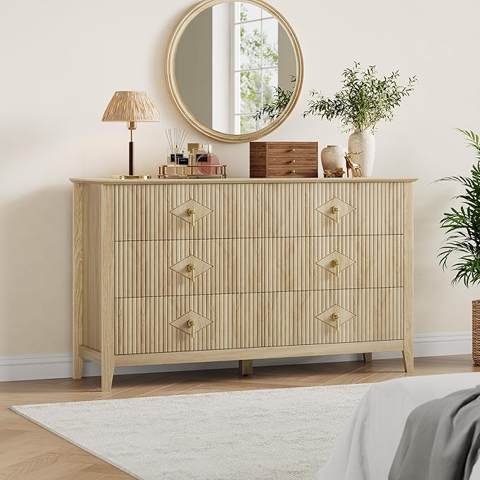 GarveeHome Fluted Dresser for Bedroom, 54 Inch Wide 6-Drawer Wood Dresser, Modern Chest of Drawers, Storage Organizer Cabinet for Living Room, Hallway, Entryway, Natural Oak