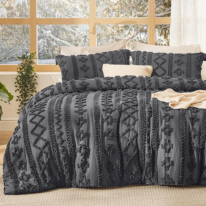 Bedsure Tufted Boho Comforter Set Twin Size - Dark Grey Boho Bed Set, GentleSoft™ 2 Pieces Farmhouse Shabby Chic Embroidery Bedding, Gifts for Woman, Soft Jacquard Twin Comforter for All Seasons