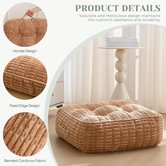 8" Washable Floor Pillow Cushion for Adults, Meditation Cushion Pillow, Removable Tufted Blended Corduroy Cover, Large Square Floor Sitting for Tatami Living Room or Yoga, 22x22 Inch, Machine Washable
