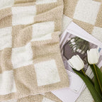 WRENSONGE Checkered Throw Blanket, Beige Soft Cozy Fluffy Warm Hand Made Throw Blankets for Couch, Sofa, Chair, Bed, Camping, Picnic, Travel Lightweight Bed Blanket - 50"*60"