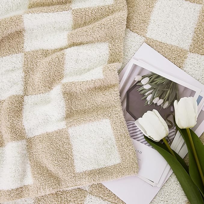WRENSONGE Checkered Throw Blanket, Beige Soft Cozy Fluffy Warm Hand Made Throw Blankets for Couch, Sofa, Chair, Bed, Camping, Picnic, Travel Lightweight Bed Blanket - 50"*70"