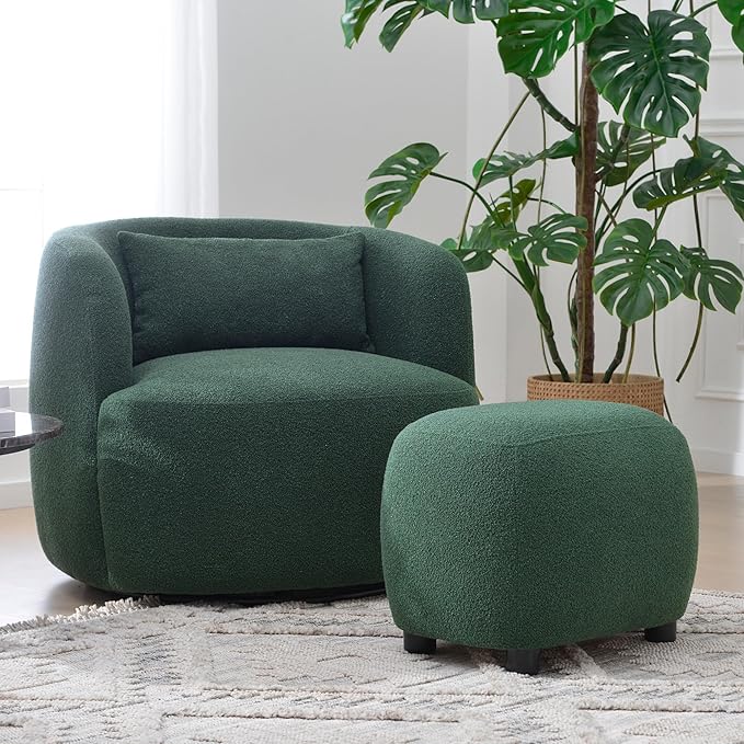 KINWELL 34" Wide Boucle Swivel Barrel Chair with 23" Ottoman Set, Fully Assembled Set of Sherpa Accent Chair and Footrest, Modern Comfy Armchair and Footstool for Living Room and Bedroom, Green