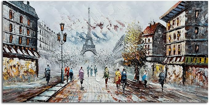 Alenoss Modern Oil Paintings on Canvas Wall Art, Paris Eiffel Tower Landscape Abstract Paintings for Living Room Bedroom Office Wall Decor 48x24 Inches, Ready to Hang