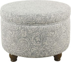 Homepop Home Decor | Upholstered Round Storage Ottoman | Ottoman with Storage for Living Room & Bedroom, Gray Floral