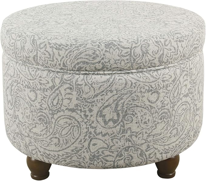 Homepop Home Decor | Upholstered Round Storage Ottoman | Ottoman with Storage for Living Room & Bedroom, Gray Floral