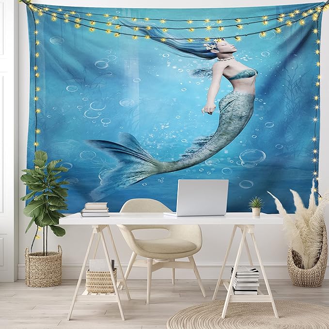 Ambesonne Underwater Tapestry King Size, Mermaid Fishtail Floating Bubbles Mythical Creature Ocean Life Art Print, Wall Hanging Bedspread Bed Cover Wall Decor, 104" X 88", Blue Gray