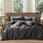 MooMee Wavy Striped Duvet Cover Set 100% Washed Cotton Linen Like Textured Breathable Durable Soft Comfy (Charocal Grey, King 104"x90")