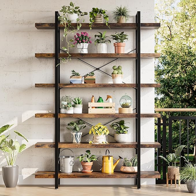 Bookshelf Set of 2, Heavy Duty 6-Tier Industrial Bookcase, 47" Wide Wood Bookshelf for Home Office, 120lbs Shelf Capacity, Rustic Open Display with Horizontal Shelf for Living Room Bedroom