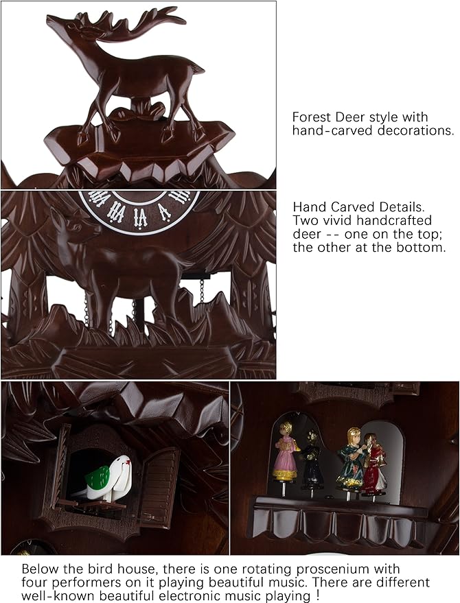 Kendal Vivid Large Deer Handcrafted Wood Cuckoo Clock with 4 Dancers Dancing with Music