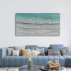 Art Hand-Painted Blue and White Ocean Landscape Oil Painting Modern Abstract Canvas Art Home Wall Decoration 24x48 inches