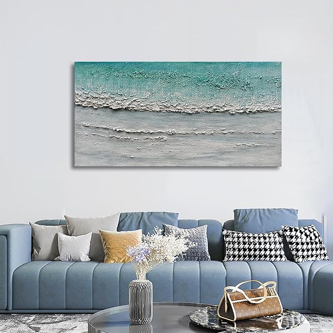 Art Hand-Painted Blue and White Ocean Landscape Oil Painting Modern Abstract Canvas Art Home Wall Decoration 24x48 inches