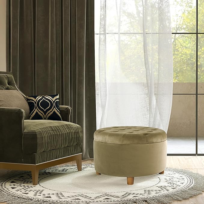 Homepop Home Decor | Button Tufted Velvet Round Storage Ottoman | Ottoman with Storage for Living Room & Bedroom, Light Sage Green Velvet