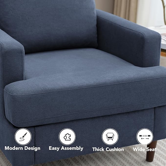 Mid-Century Accent Chair, Comfy Upholstered Reading Accent Chairs for Bedroom, Modern Linen Fabric Armchair for Living Room, Single Sofa Chair with Wood Legs (Blue Grey, 2 Pack)