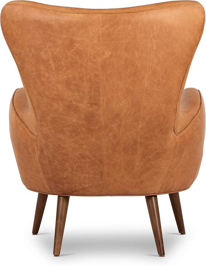 Poly & BARK Aida Leather Lounge Chair Set of 2 – 40.5” Mid-Century Accent Chairs for Living Room or Bedroom – Full-Grain Italian Leather, Feather-Down Comfort, Solid Wood Legs – Cognac Tan