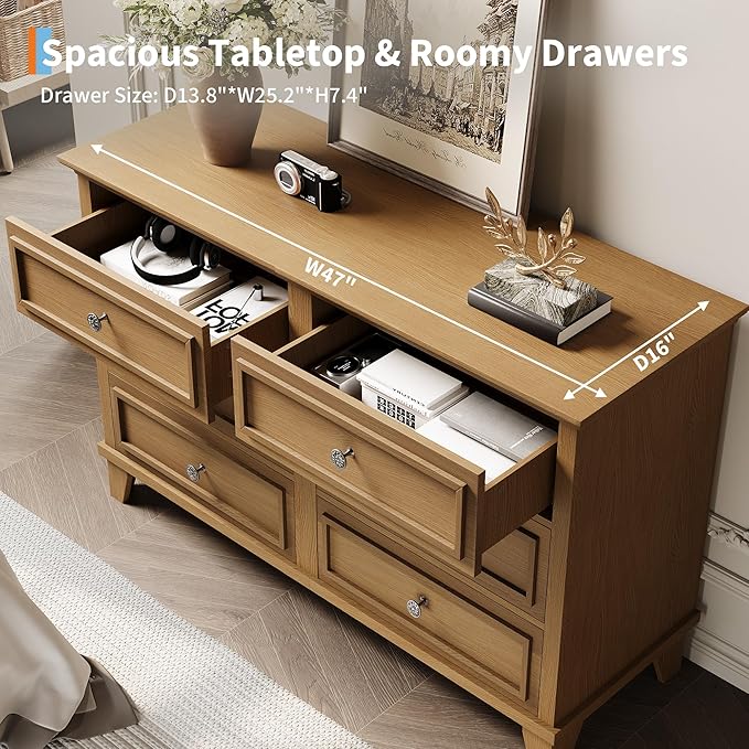 GarveeHome Farmhouse Brown Dresser for Bedroom with 6 Drawer, Double Dresser TV Stand with Vintage Handle, Wide Wood Dressers & Chests of Drawers, 6 Drawer Dressers for Bedroom, Living Room, Hallway