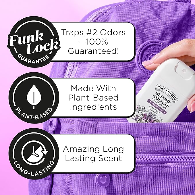 Poo-Pourri Before-You-Go Pocket Toilet Spray, Travel Essentials, Lavender Vanilla, 1 Fl Oz, Up to 50 Uses, On-The-Go Bathroom Odor Deodorizer with Essential Oils, TSA Approved Size
