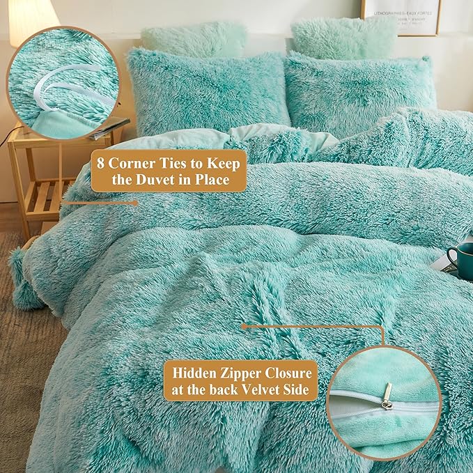 XeGe Plush Shaggy Duvet Cover Set, Luxury Ultra Soft Crystal Velvet Fluffy Bedding Sets 3 Pieces(1 Furry Faux Fur Comforter Cover + 2 Fuzzy Faux Fur Pillow Cases), Zipper Closure(Queen, Aqua Ombre)