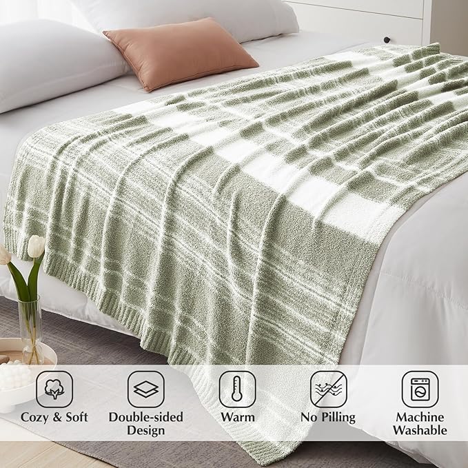 WRENGONGE Sage Green Throw Blanket, 60x80 Soft Cozy Striped Throw Blankets for Couch, Sofa, Bed, Travel, Lightweight Fluffy Warm Plush Decorative Blankets for Women, Men Gift