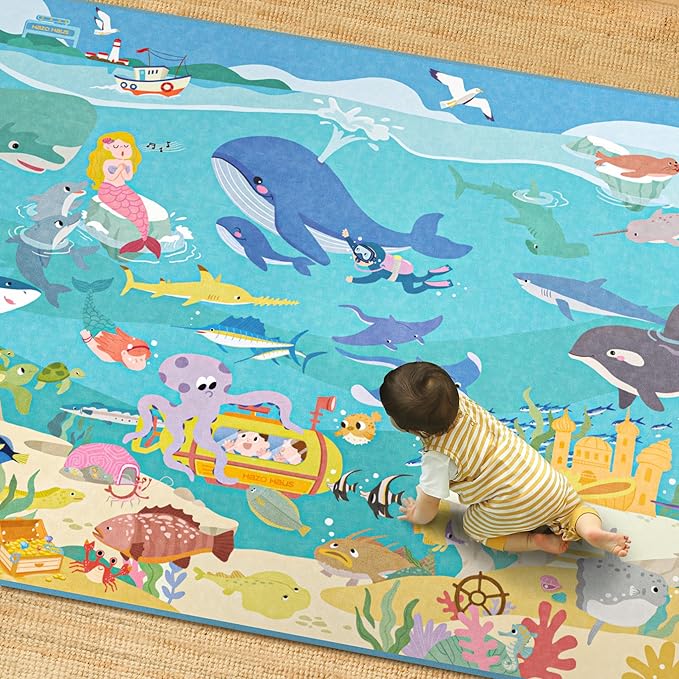 4x6 Ocean Rug for Toddlers Playroom – Sea Life Learning Carpet with Mermaid, Submarine & Whales, Soft Washable Stain Resistant Playful Area Rug for Kids, Educational Underwater Theme Playmat