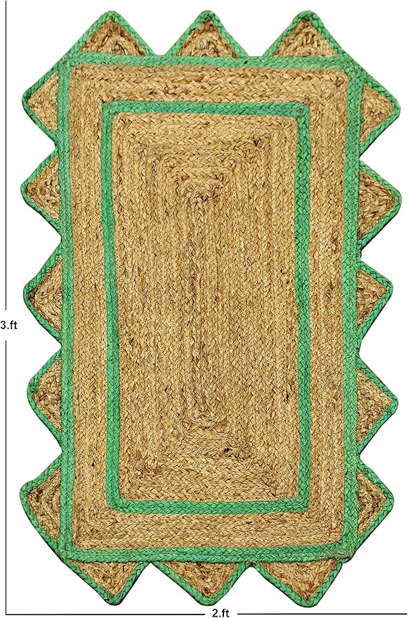 Scalloped Edge Rug, Hand Woven Natural Jute Area Rug, 3x5 Ft Beige & Green Braided Sisal Kilim Rugs for Living Room, Kitchen, Entryway, Farmhouse