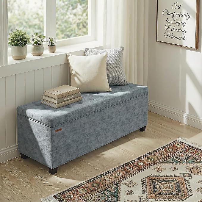 Chenille Storage Ottoman Bench with Legs, 43.5”W x 15.7”D x 15.7”H,Metal Frame end of Bed Bench Hold up to 770 LB,Large Storage Chest,Gray UASND621G