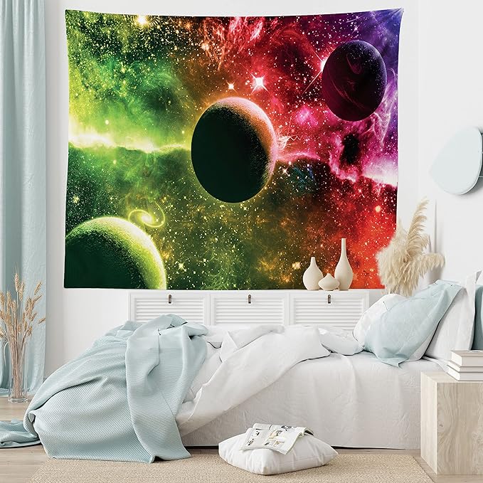 Ambesonne Psychedelic Tapestry, Space Universe Cosmos Galaxy Nebula Stars and Planets in Trippy Tones Image, Fabric Wall Hanging Decor for Bedroom Living Room Dorm, 28" X 23", Magenta Green