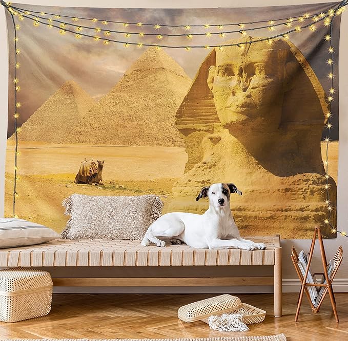 Ambesonne Egyptian Print Tapestry Twin Size, Sphinx Face Other Pyramids in Egypt Old Historical Monument, Wall Hanging Bedspread Bed Cover Wall Decor, 68" X 88", Amber Sand Brown