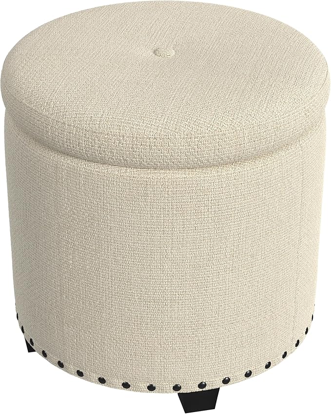 HomePop Home Decor | Upholstered Round Storage Ottoman with Nailheads| Ottoman with Storage for Living Room & Bedroom, Cream Woven