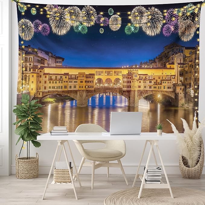 Ambesonne Landscape Tapestry King Size, Night Panoramic View Vecchio Bridge Florence Italy Colorful Fireworks, Wall Hanging Bedspread Bed Cover Wall Decor, 104" X 88", Purple Yellow
