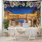 Ambesonne Landscape Tapestry King Size, Night Panoramic View Vecchio Bridge Florence Italy Colorful Fireworks, Wall Hanging Bedspread Bed Cover Wall Decor, 104" X 88", Purple Yellow