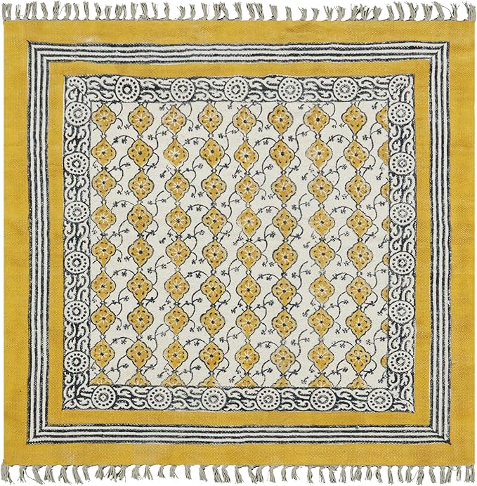Area Rug 3' Square Rug Yellow & Beige Cotton Dhurrie Oriental Thick 0.19 inches Stone Easy Washable Rug Hand Wash Cotton Carpet Flatweave Rug Indoor Outdoor Rugs for Kitchen, Bedside, Enterway