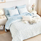Wake In Cloud - Floral Quilt Set, Coquette Cottagecore Shabby Chic Flower Pattern for Women Teen Girls, Reversible Lightweight Bedspread Coverlet, 3 Pieces, White Blue, Queen/Full Size