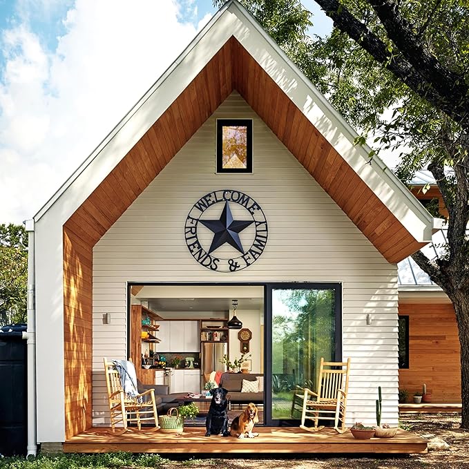 JoyEvy 22" Black Metal Barn Star Welcome Outdoor Wall Sculptures，Metal Star for Outside Wall Hanging,Texas Stars Wall Decor for Rustic Vintage Western Country Farmhouse Primitive House Decoration